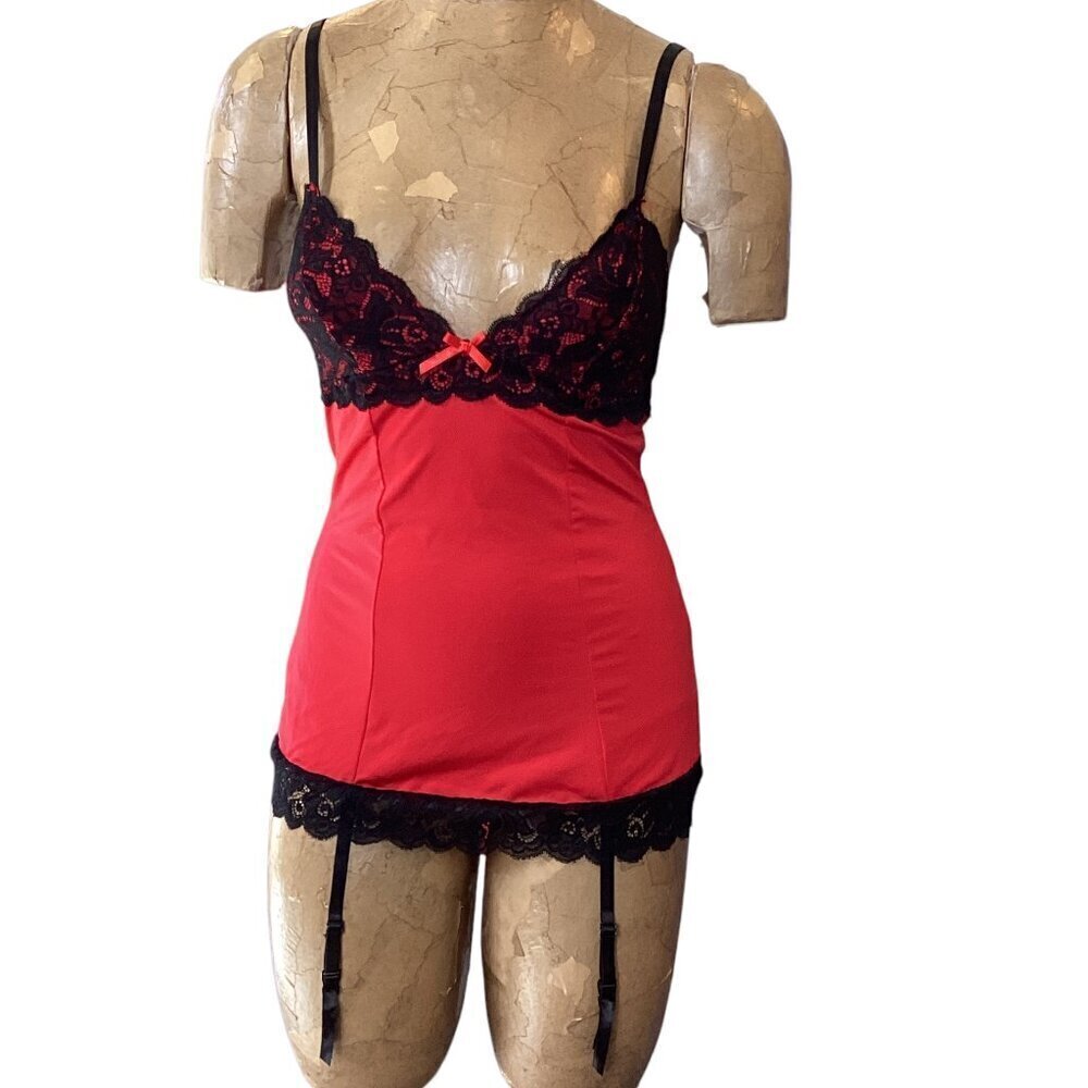 Rene Rofe Garter Chemise & G-String Set Sz M/L Red‎ & Black #333B